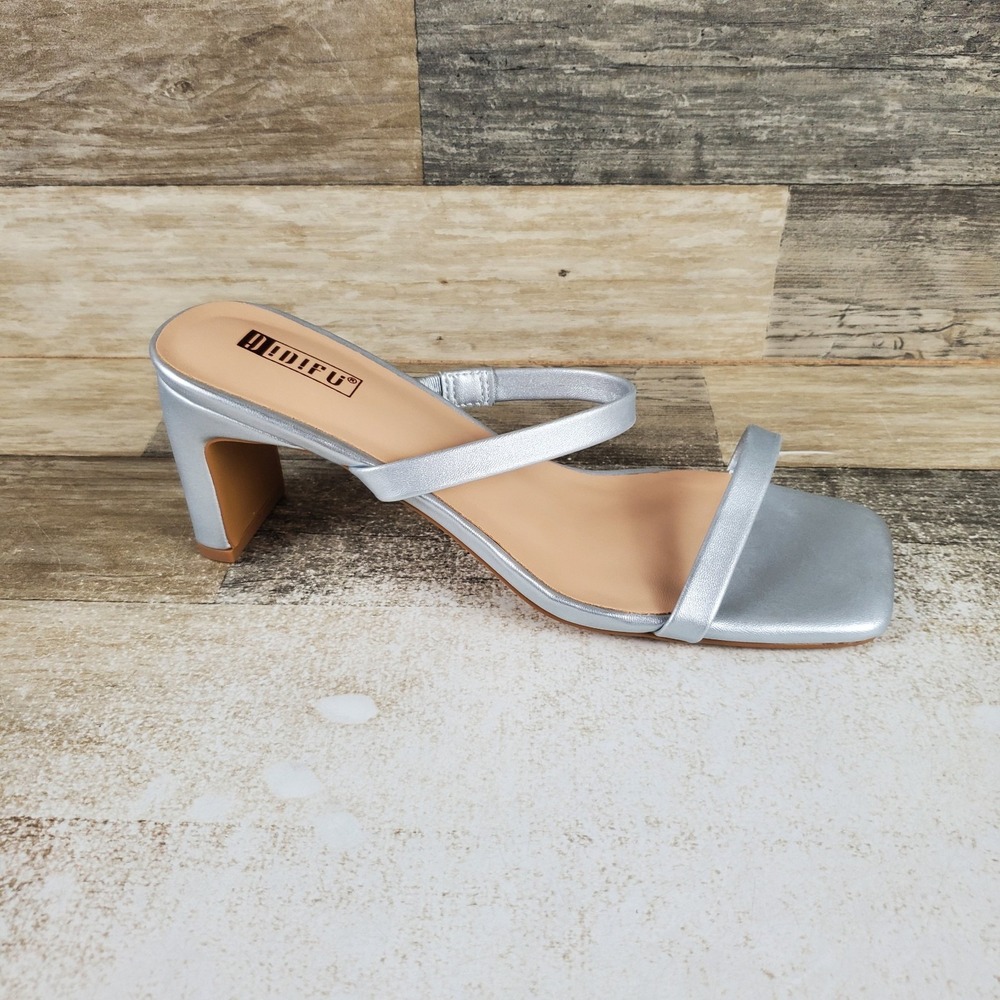 IDIFU IN3 Womens Low Block Chunky Sandals Sz 8 Metallic Silver Slip On Comfort